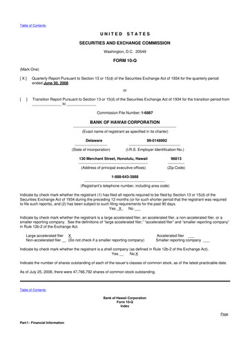 Thumbnail Bank of Hawaii
 10-Q Quarterly Report FY 