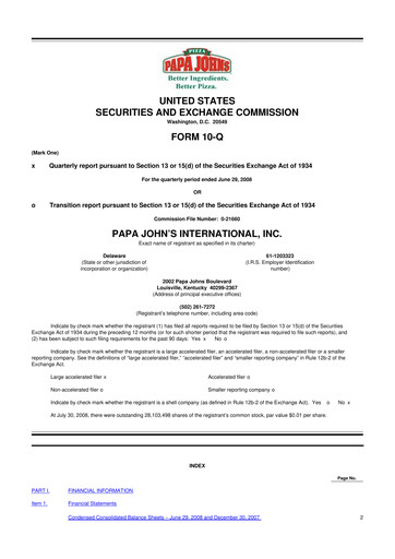 Miniature Papa John's Pizza
 10-Q Rapport trimestriel  