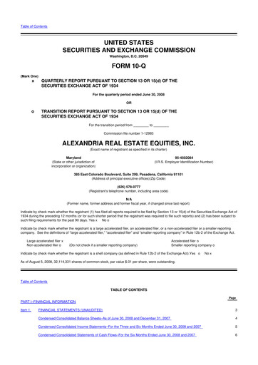 Thumbnail Alexandria Real Estate Equities
 10-Q Quarterly Report FY 