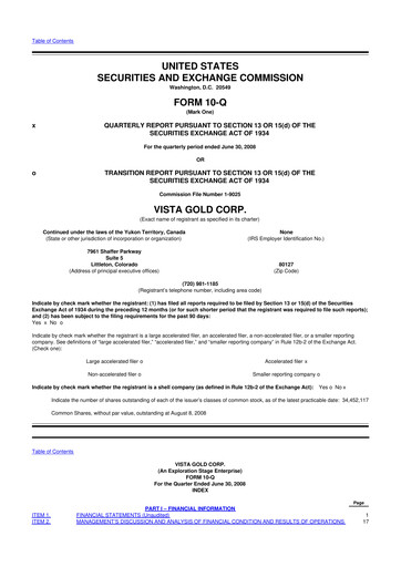Miniature Vista Gold
 10-Q Rapport trimestriel  