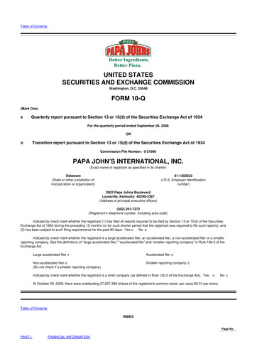 Miniature Papa John's Pizza
 10-Q Rapport trimestriel  