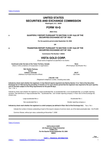 Miniature Vista Gold
 10-Q Rapport trimestriel  