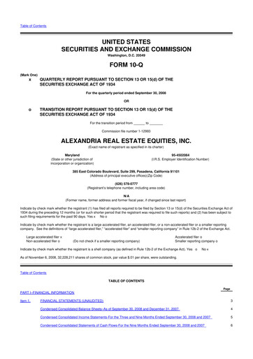 Thumbnail Alexandria Real Estate Equities
 10-Q Quarterly Report FY 