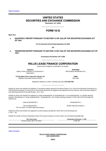 Thumbnail Willis Lease Finance Corporation 10-Q Quarterly Report FY 