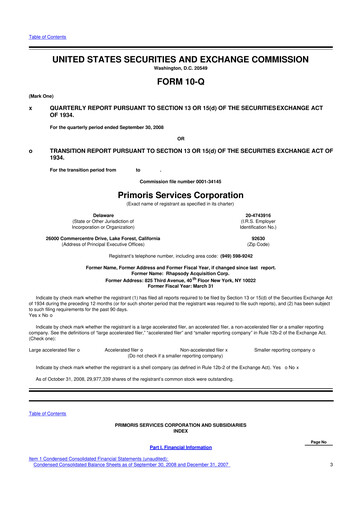 Thumbnail Primoris Services Corporation
 10-Q Quarterly Report FY 