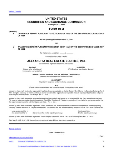 Thumbnail Alexandria Real Estate Equities
 10-Q Quarterly Report FY 