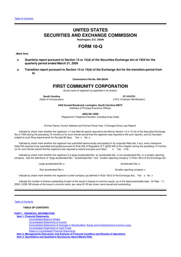 Thumbnail First Community Corporation 10-Q Quarterly Report FY 