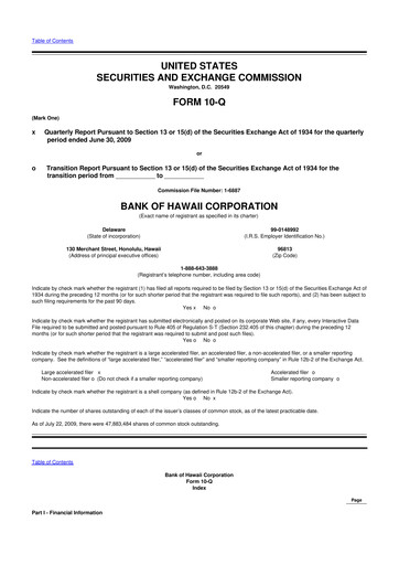 Thumbnail Bank of Hawaii
 10-Q Quarterly Report FY 