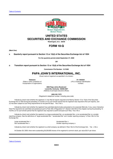 Miniature Papa John's Pizza
 10-Q Rapport trimestriel  