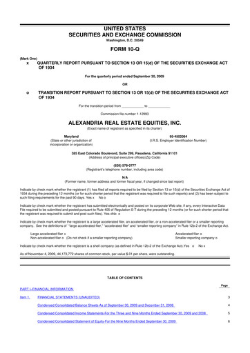 Thumbnail Alexandria Real Estate Equities
 10-Q Quarterly Report FY 