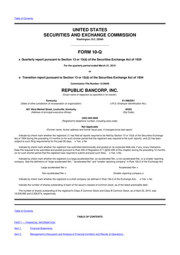 Thumbnail Republic Bank 10-Q Quarterly Report FY 