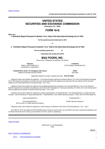 Miniature B&G Foods

 10-Q Rapport trimestriel  