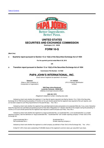 Miniature Papa John's Pizza
 10-Q Rapport trimestriel 2010 