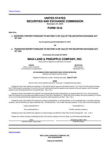 Thumbnail Maui Land & Pineapple Company 10-Q Quarterly Report FY 