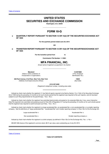 Thumbnail MFA Financial 10-Q Quarterly Report FY2010 