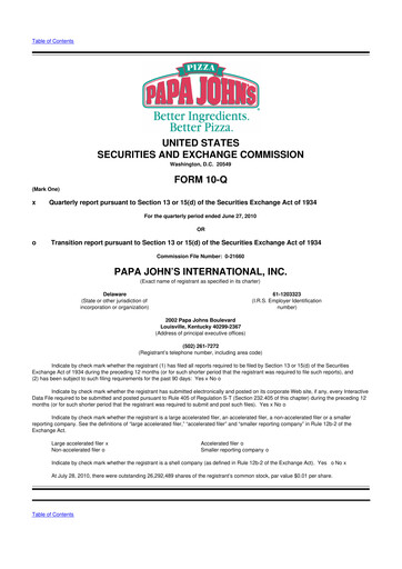 Miniature Papa John's Pizza
 10-Q Rapport trimestriel 2010 