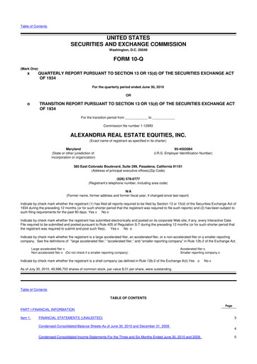 Thumbnail Alexandria Real Estate Equities
 10-Q Quarterly Report FY2010 
