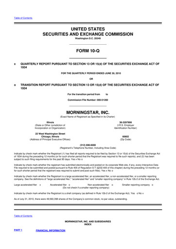 Thumbnail Morningstar
 10-Q Quarterly Report FY2010 