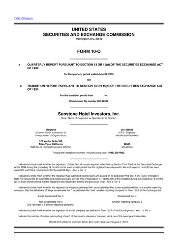 Thumbnail Sunstone Hotel Investors
 10-Q Quarterly Report FY 