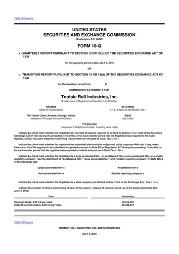 Thumbnail Tootsie Roll Industries
 10-Q Quarterly Report FY2010 