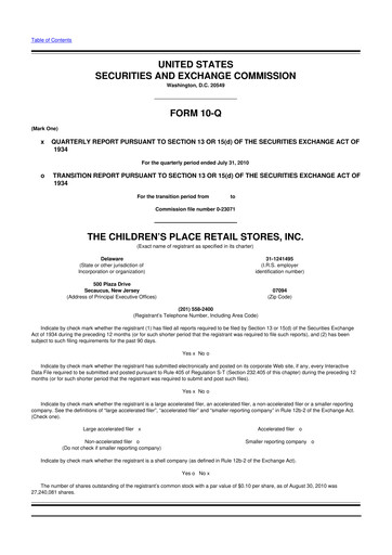 Thumbnail The Children's Place
 10-Q Quarterly Report FY2010 