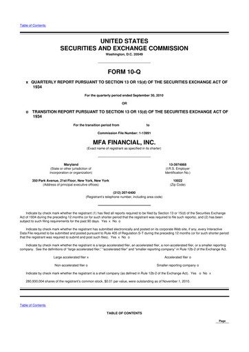 Thumbnail MFA Financial 10-Q Quarterly Report FY2010 