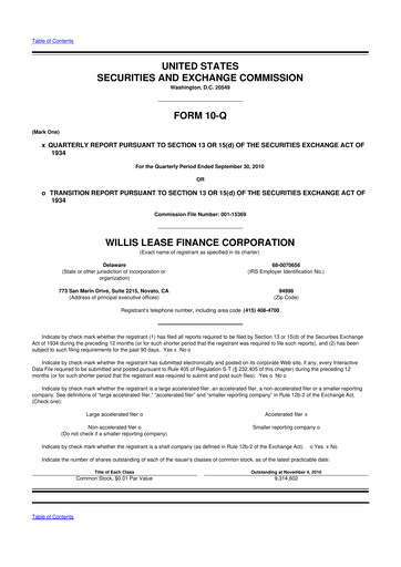 Thumbnail Willis Lease Finance Corporation 10-Q Quarterly Report FY 