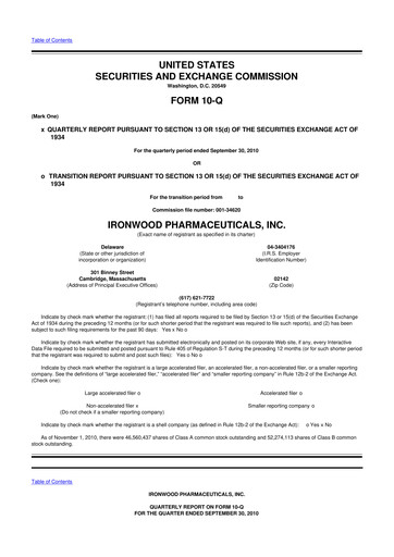 Miniature Ironwood Pharmaceuticals
 10-Q Rapport trimestriel  
