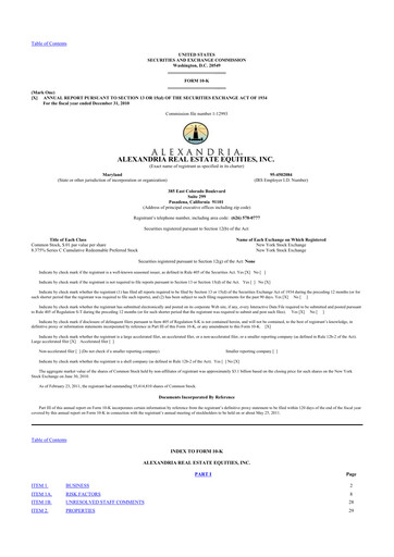 Thumbnail Alexandria Real Estate Equities
 10-K Annual Report 2010