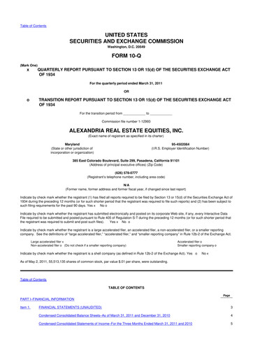 Thumbnail Alexandria Real Estate Equities
 10-Q Quarterly Report FY2011 