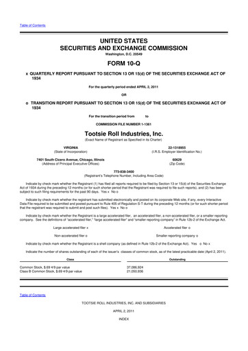 Thumbnail Tootsie Roll Industries
 10-Q Quarterly Report FY2011 