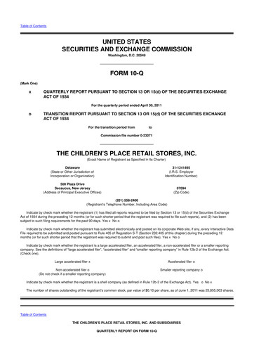 Thumbnail The Children's Place
 10-Q Quarterly Report FY2011 