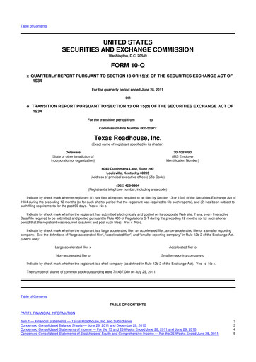 Thumbnail Texas Roadhouse
 10-Q Quarterly Report FY2011 
