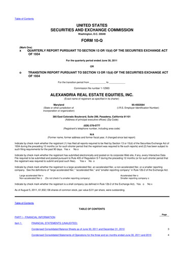 Thumbnail Alexandria Real Estate Equities
 10-Q Quarterly Report FY 