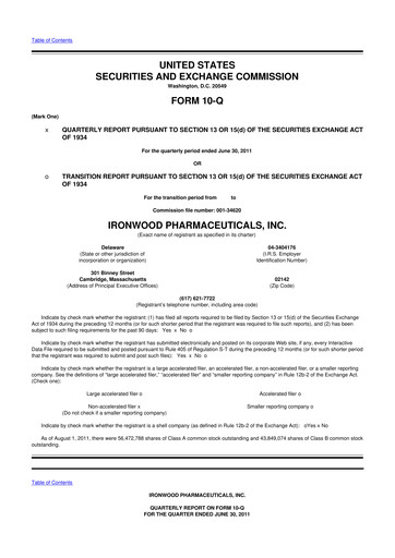 Miniature Ironwood Pharmaceuticals
 10-Q Rapport trimestriel 2011 