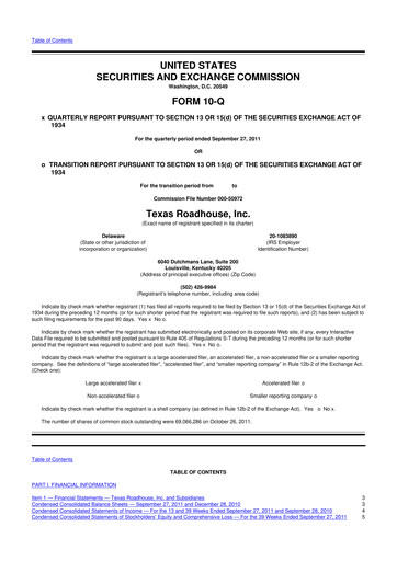 Thumbnail Texas Roadhouse
 10-Q Quarterly Report FY2011 