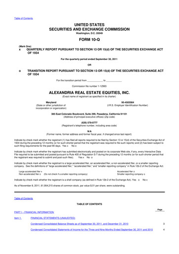 Thumbnail Alexandria Real Estate Equities
 10-Q Quarterly Report FY2011 