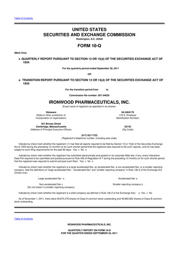 Miniature Ironwood Pharmaceuticals
 10-Q Rapport trimestriel 2011 