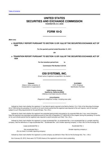 Miniature OSI Systems
 10-Q Rapport trimestriel 2012 