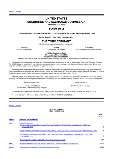 Thumbnail The Toro Company
 10-Q Quarterly Report FY2012 