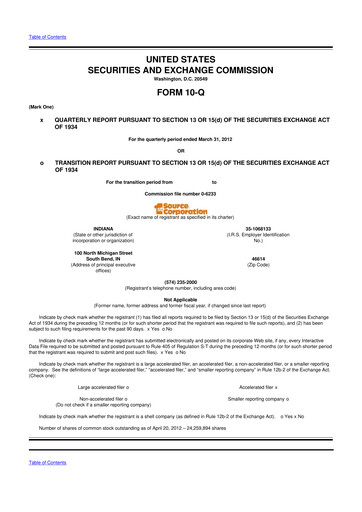 Thumbnail 1st Source
 10-Q Quarterly Report FY2012 