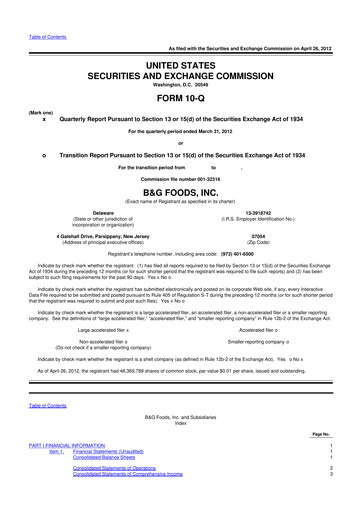 Miniature B&G Foods

 10-Q Rapport trimestriel 2012 