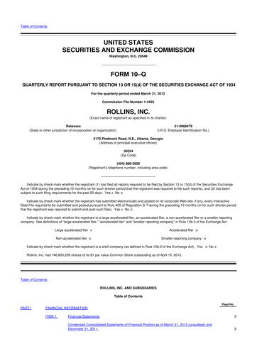 Miniature Rollins 10-Q Rapport trimestriel 2012 