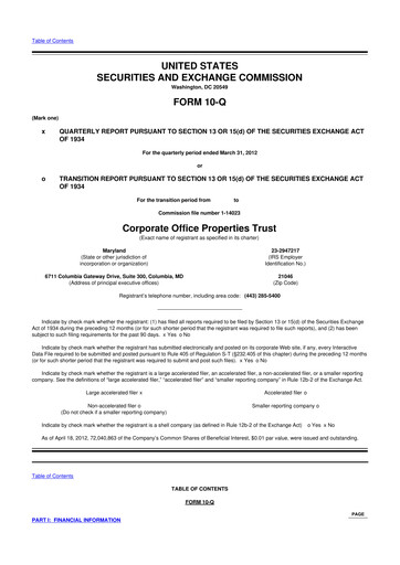 Miniature COPT Defense Properties 10-Q Rapport trimestriel 2012 
