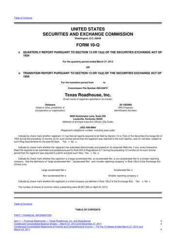 Thumbnail Texas Roadhouse
 10-Q Quarterly Report FY2012 
