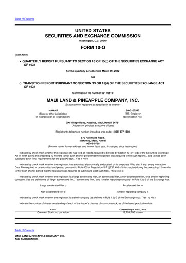 Thumbnail Maui Land & Pineapple Company 10-Q Quarterly Report FY2012 