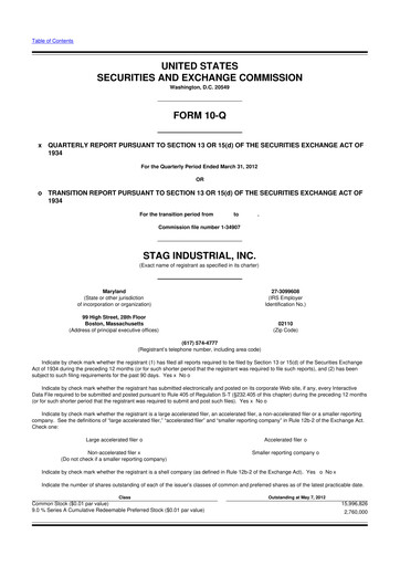 Thumbnail STAG Industrial 10-Q Quarterly Report FY2012 