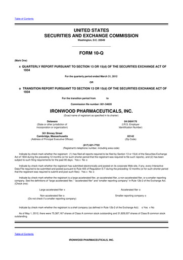 Miniature Ironwood Pharmaceuticals
 10-Q Rapport trimestriel 2012 