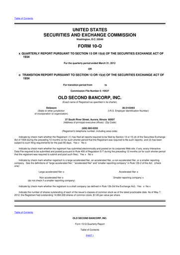 Vorschaubild Old Second Bancorp 10-Q Quartalsbericht 2012 