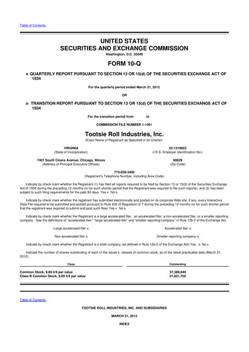 Thumbnail Tootsie Roll Industries
 10-Q Quarterly Report FY2012 